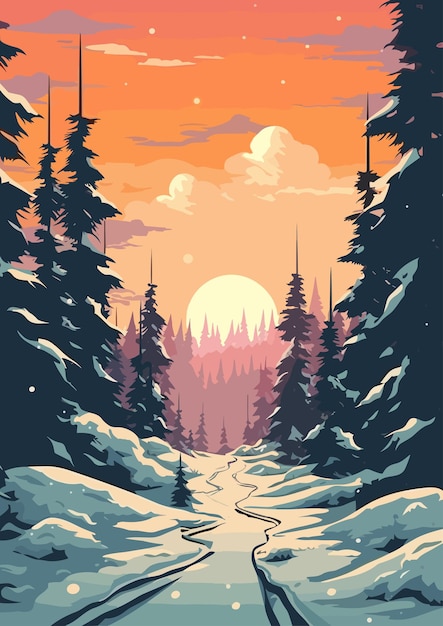 Ilustración de vector plano colorido de dibujos animados de paisaje de invierno