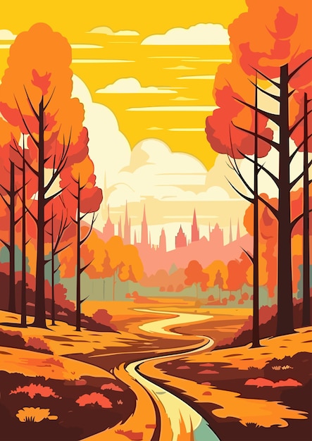 ilustración de vector plano colorido de dibujos animados de paisaje de otoño