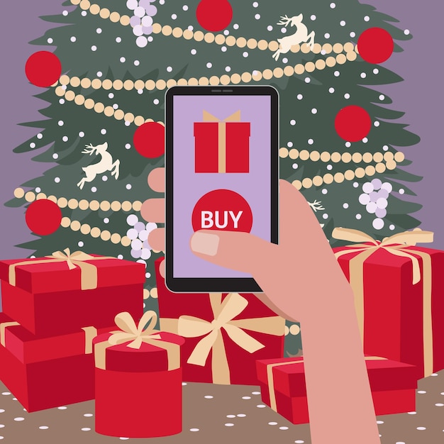 Ilustración de vector plano de compras en línea de navidad