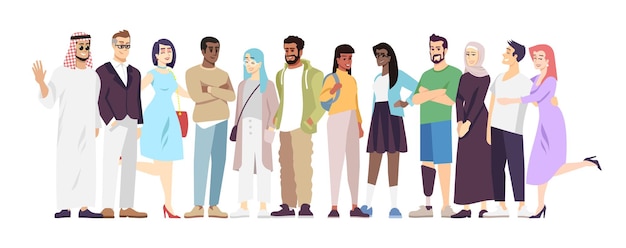 Vector ilustración de vector plano de comunidad multicultural. representantes de diferentes nacionalidades personajes de dibujos animados. paz internacional, cooperación, asociación. la diversidad nacional en la sociedad moderna