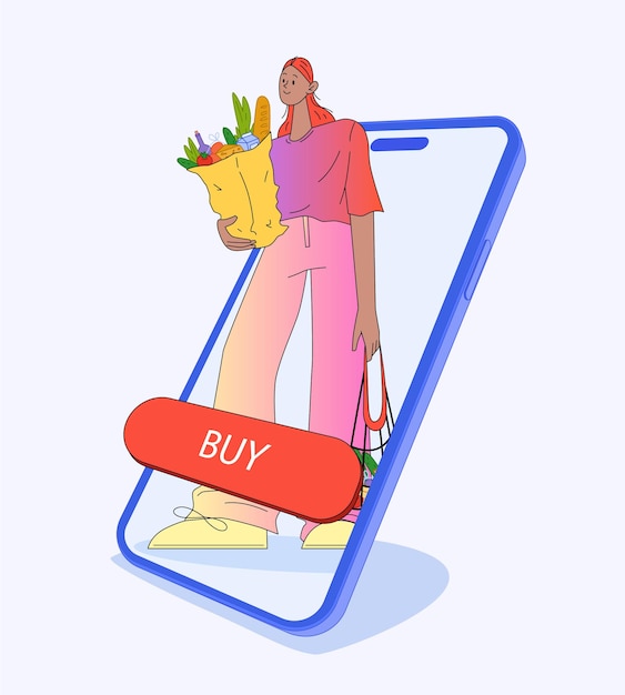Ilustración de vector plano del concepto de compras de comestibles en línea