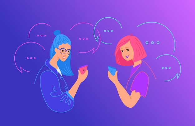Ilustración de vector plano de concepto de comunicación y chat de redes sociales. Dos adolescentes que usan teléfonos inteligentes móviles para enviar mensajes de texto, dejando comentarios en la aplicación de la red social. Adolescentes felices con burbujas de discurso