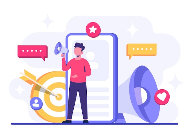 Ilustración de vector plano del concepto de marketing en las redes sociales Marketing digital