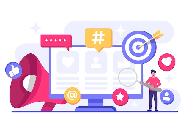 Ilustración de vector plano del concepto de marketing en las redes sociales Marketing digital