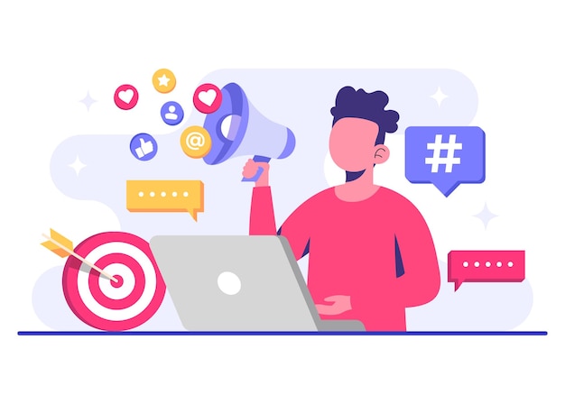 Ilustración de vector plano del concepto de marketing en las redes sociales Marketing digital