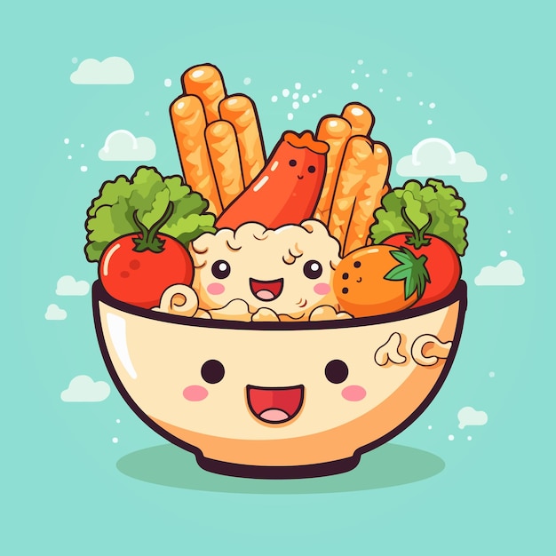 Ilustración de vector plano de dibujos animados de comida kawaii con fondo aislado