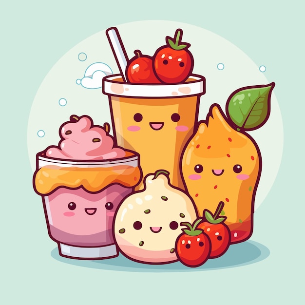 Ilustración de vector plano de dibujos animados de comida kawaii con fondo aislado