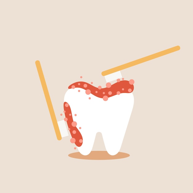 ilustración de vector plano con diente blanco con pasta de dientes y cepillos de dientes que brillan limpios