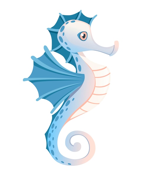 Ilustración de vector plano de diseño animal de mar de dibujos animados lindo adorable caballito de mar azul aislado sobre fondo blanco.