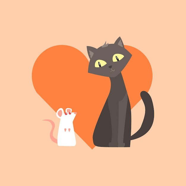 Ilustración de vector plano divertido de amistad de gato y ratón en estilo de aplique creativo