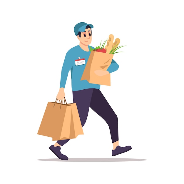 Ilustración de vector plano de entrega de tienda de comestibles. Mensajero masculino con bolsas de compras aislado personaje de dibujos animados sobre fondo blanco. Verduras frescas, servicio de entrega a domicilio de productos alimenticios