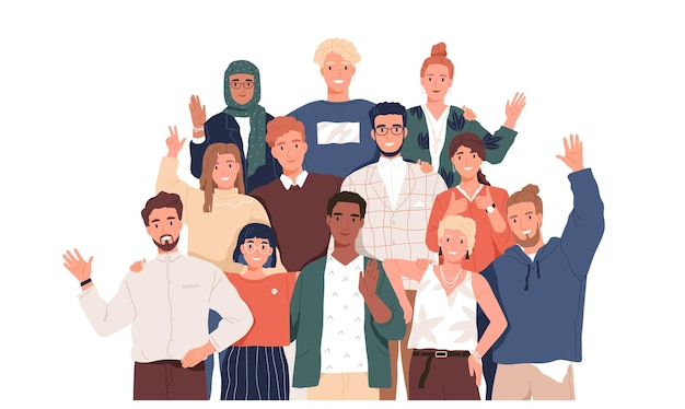 Ilustración de vector plano de equipo multicultural. Unidad en la diversidad. Personajes de dibujos animados de personas de diferentes nacionalidades y religiones. Sociedad multinacional. Trabajo en equipo, cooperación, concepto de amistad.