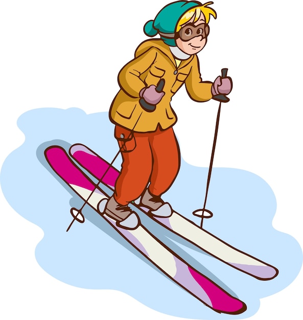 Vector ilustración de vector plano de esquí de niño pequeño. vacaciones de invierno. pasatiempo activo al aire libre, ocio deportivo.