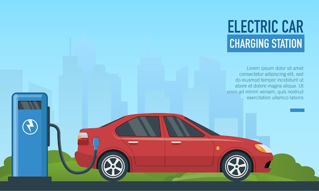 Ilustración de vector plano de la estación de carga de automóviles eléctricos Cartel de transporte de energía verde