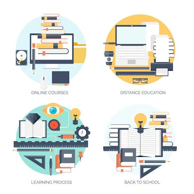 Ilustración de vector plano estudio concepto de aprendizaje antecedentes educación a distancia y cursos en línea