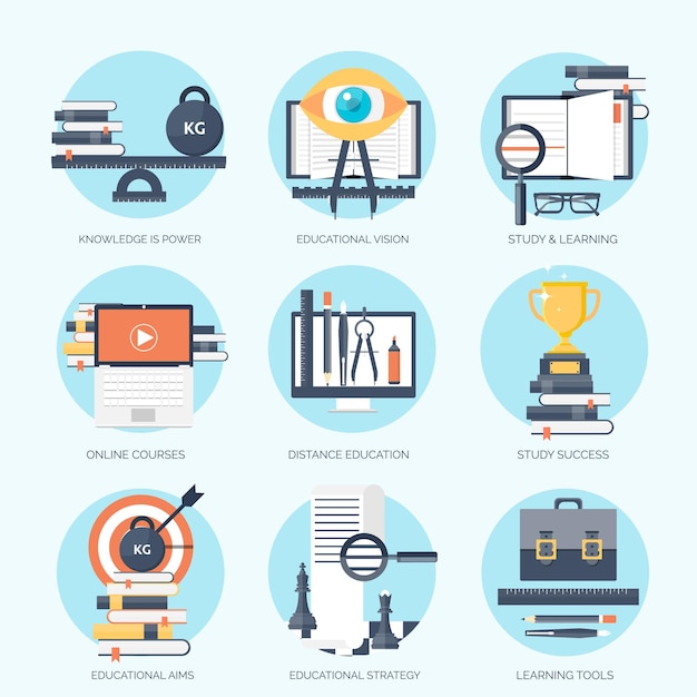 Ilustración de vector plano estudio concepto de aprendizaje antecedentes educación a distancia y cursos en línea