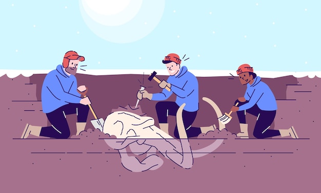 Ilustración de vector plano de excavación de cráneo de mamut. Observaciones paleontológicas. Investigación con animales prehistóricos. Estudio de la evolución de la Tierra. Tres hombres cavando huesos antiguos personajes de dibujos animados