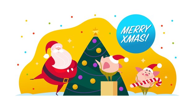 Ilustración de vector plano feliz Navidad con Santa Claus, duende de cerdo lindo decorar abeto de año nuevo, felicitación de vacaciones de Navidad aislado sobre fondo blanco. Banner web, publicidad, tarjeta, embalaje.