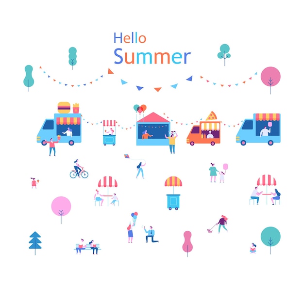 Ilustración de vector plano de festival de comida de verano de gente pequeña