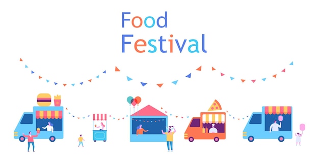 Ilustración de vector plano de festival de comida de verano de gente pequeña