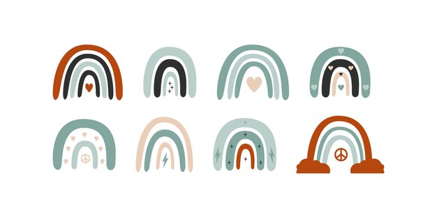 Ilustración de vector plano hippy boho Dibujado a mano retro groovy arco iris