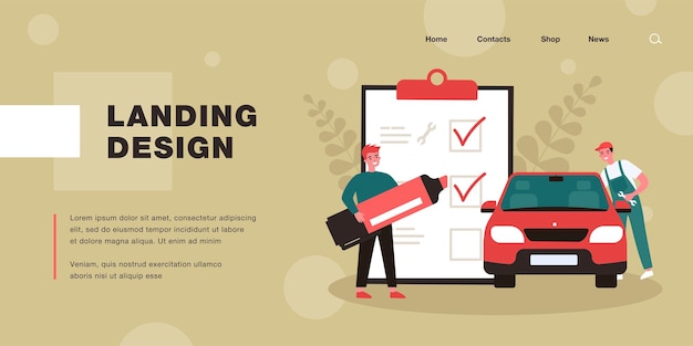 Ilustración de vector plano de inspección técnica de coche. Empleado de dibujos animados reparando o inspeccionando el automóvil mientras el propietario marca artículos en una lista gigante. Diagnóstico, reparación, concepto de mantenimiento para el diseño de pancartas.