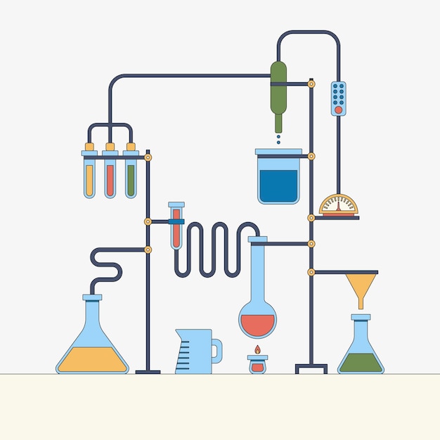 Ilustración de vector plano de instrumentos de laboratorio de química de colores conjunto de equipos para el experimento