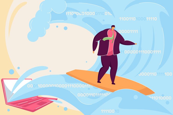 Vector ilustración de vector plano de internet de navegación. hombre viajando en el mundo de internet y códigos binarios, montando olas virtuales en tablas de surf, apareciendo desde la computadora. internet, tecnología moderna, concepto de navegación