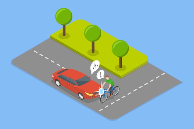 Ilustración de vector plano isométrico 3D de un accidente vial de ciclistas