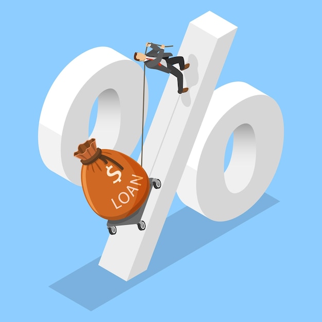 Ilustración de vector plano isométrico 3d de la alta tasa de interés del préstamo hombre luchando para llevar el préstamo arriba