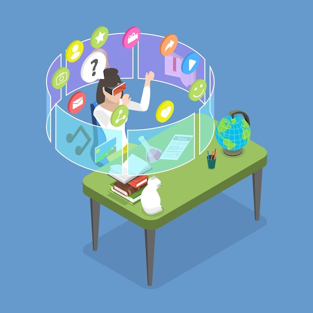 Ilustración de vector plano isométrico 3D del aprendizaje en la tecnología de realidad virtual del metaverso para