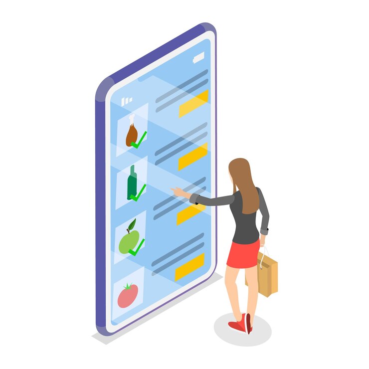 Vector ilustración de vector plano isométrico 3d del artículo 1 de entrega de alimentos en las tiendas de comestibles