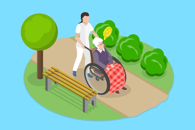 Ilustración de vector plano isométrico en 3d de la atención de ancianos que cuidan a personas mayores discapacitadas