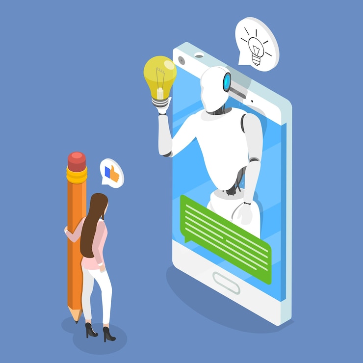 Vector ilustración de vector plano isométrico 3d de un bot de chat de ia
