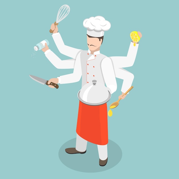 Ilustración de vector plano isométrico 3D del chef multitarea
