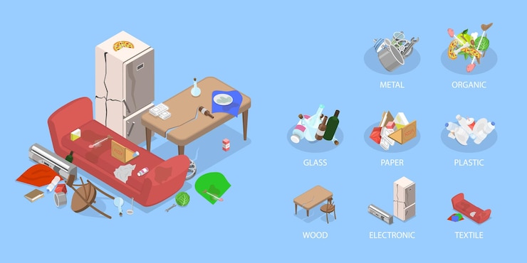 Vector ilustración de vector plano isométrico 3d de clasificación y reciclaje de basura