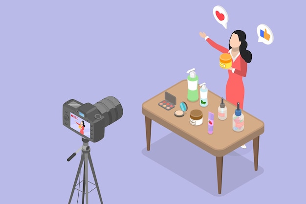 Ilustración de vector plano isométrico 3D de comercio electrónico revisando y vendiendo bienes en vivo