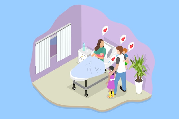 Ilustración de vector plano isométrico en 3d del concepto de embarazo y lactancia en el centro perinatal