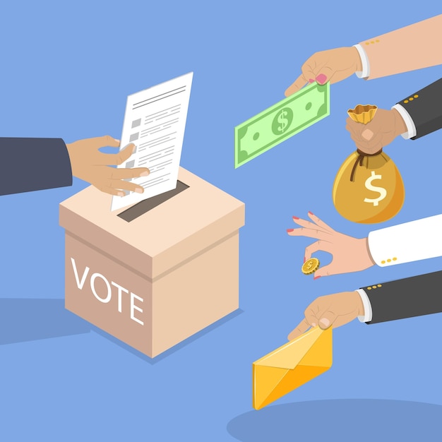 Ilustración de vector plano isométrico 3d de la corrupción en la política comprando votos en las elecciones
