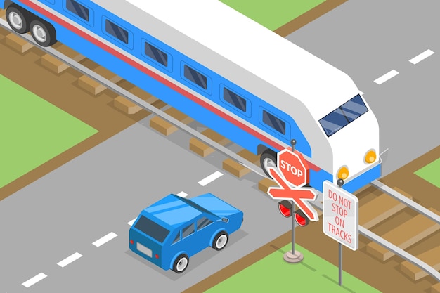 Ilustración de vector plano isométrico 3D del cruce ferroviario