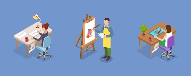 Ilustración de vector plano isométrico 3D del desarrollo de la creatividad