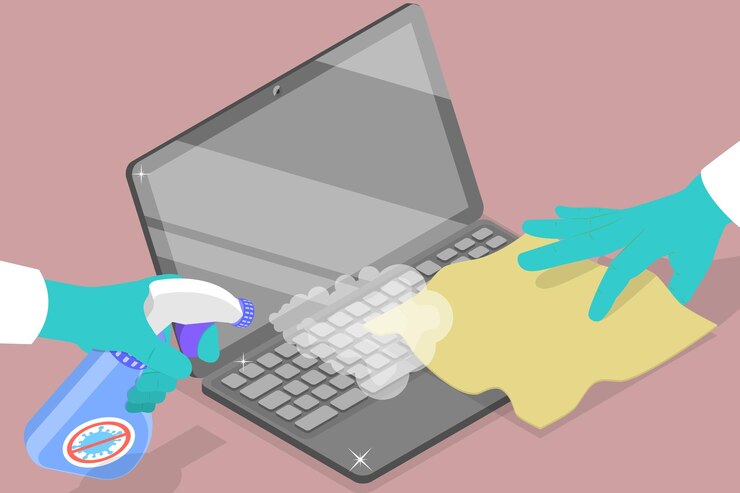 Vector ilustración de vector plano isométrico 3d de la desinfección de una computadora