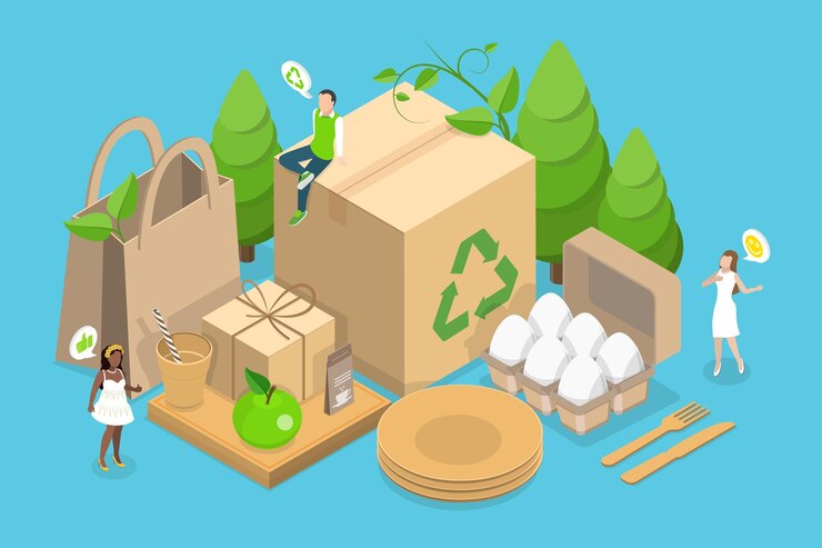 Vector ilustración de vector plano isométrico en 3d de envases sostenibles reciclables y materiales biodegradables
