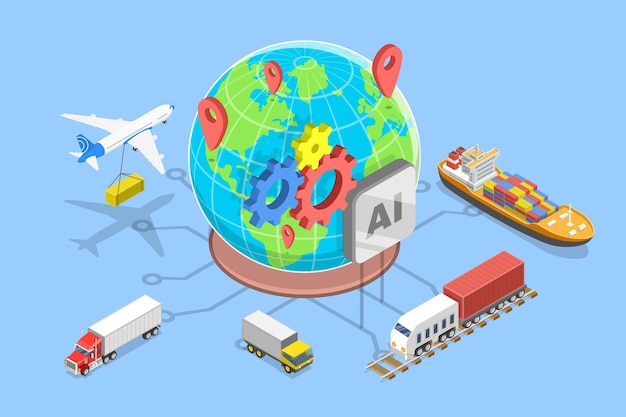 Ilustración de vector plano isométrico 3D de la gestión de la cadena de suministro