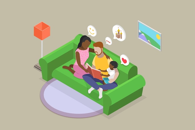Ilustración de vector plano isométrico 3D de la historia de lectura familiar emociones positivas y buen estado de ánimo