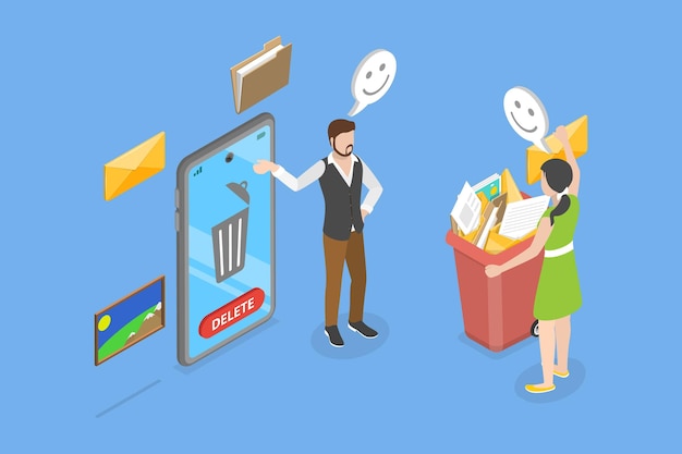 Ilustración de vector plano isométrico 3D de limpieza de la basura de mensajes de teléfonos móviles