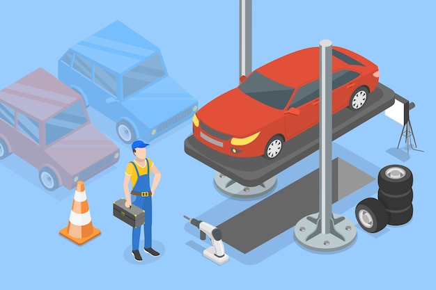 Ilustración de vector plano isométrico 3D de la mecánica automática