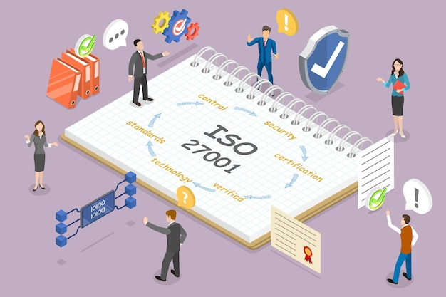 Ilustración de vector plano isométrico 3D de la norma ISO 27001