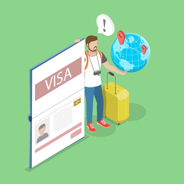 Ilustración de vector plano isométrico 3D de la pegatina de visado en el pasaporte para viajar al extranjero