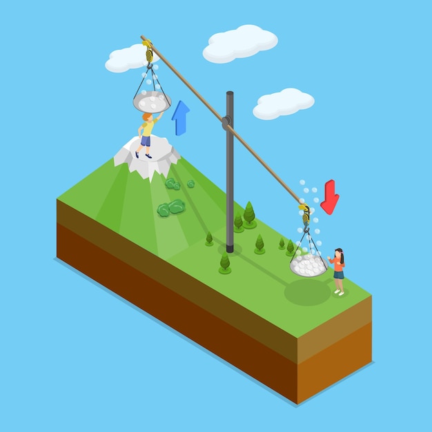 Ilustración de vector plano isométrico 3d de la presión atmosférica a diferentes altitudes comparando las bajas